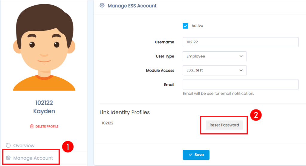 Reset Password button under Manage Account in the Pandahrms employee profile