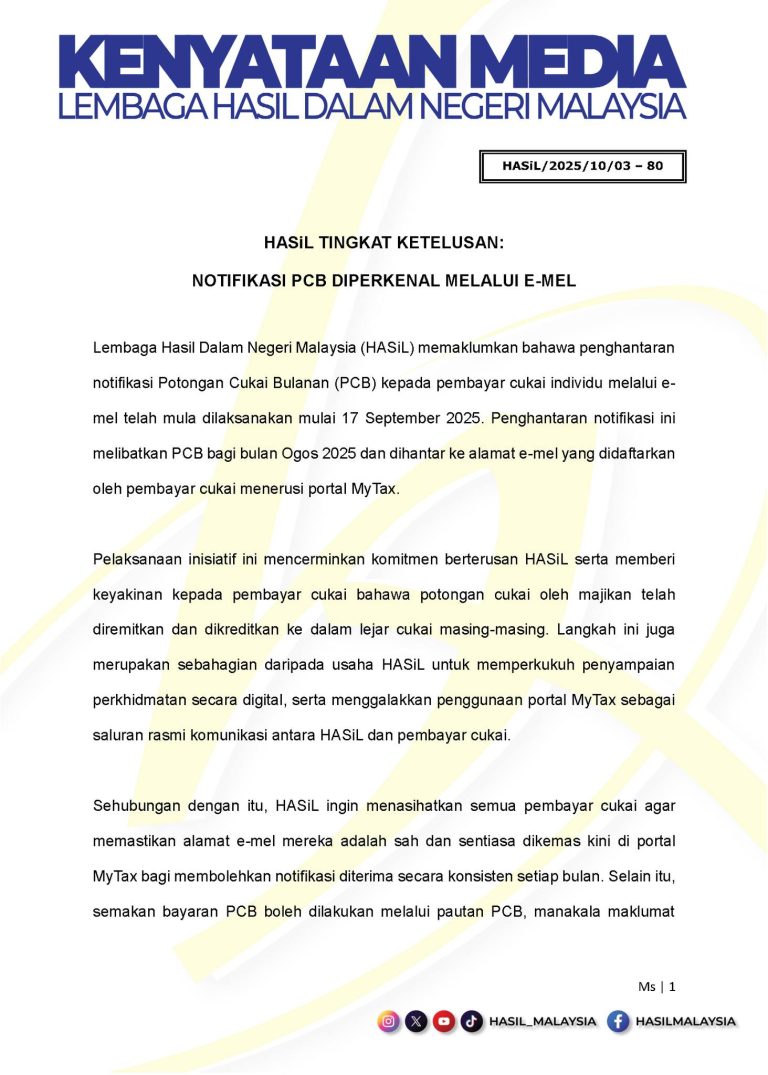 LHDN Now Sends Monthly Tax Deduction (PCB/MTD) Notifications via Email