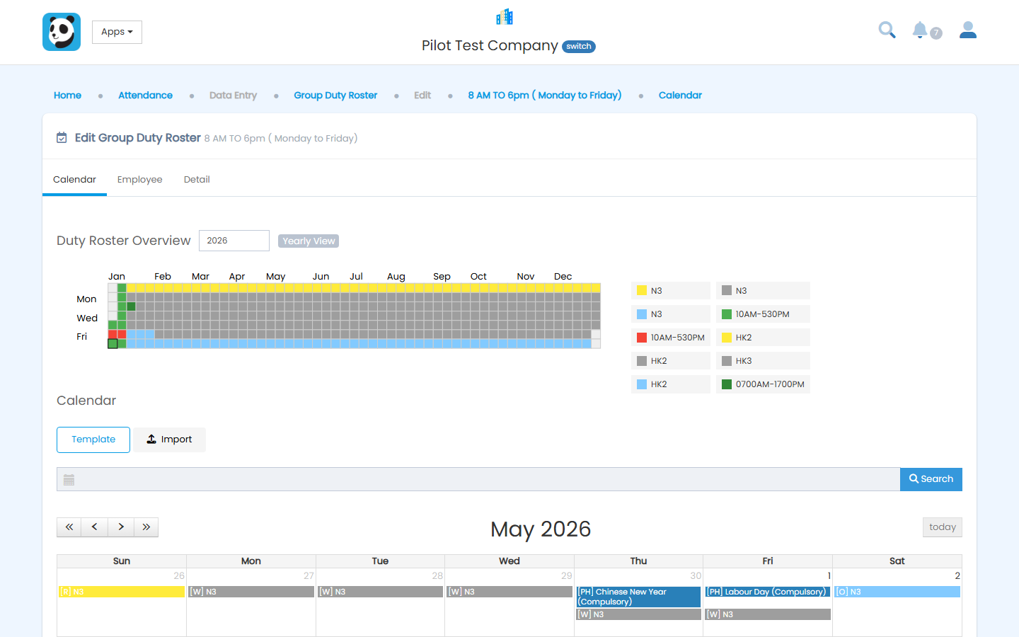 Pandahrms duty roster screen showing yearly heat-map of shifts and monthly calendar with public holidays
