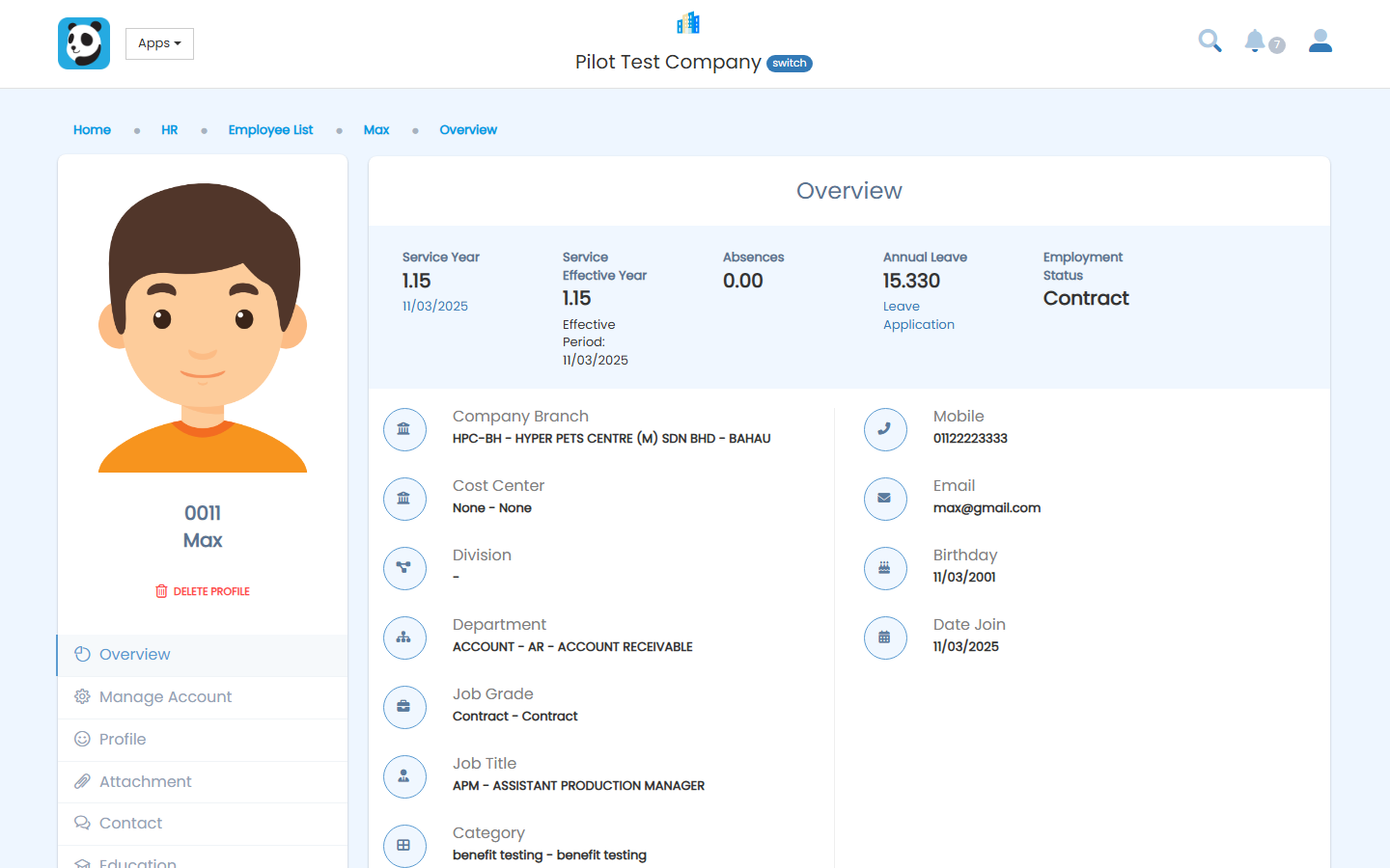 Pandahrms employee profile screen showing service year, annual leave, contact details and employment status