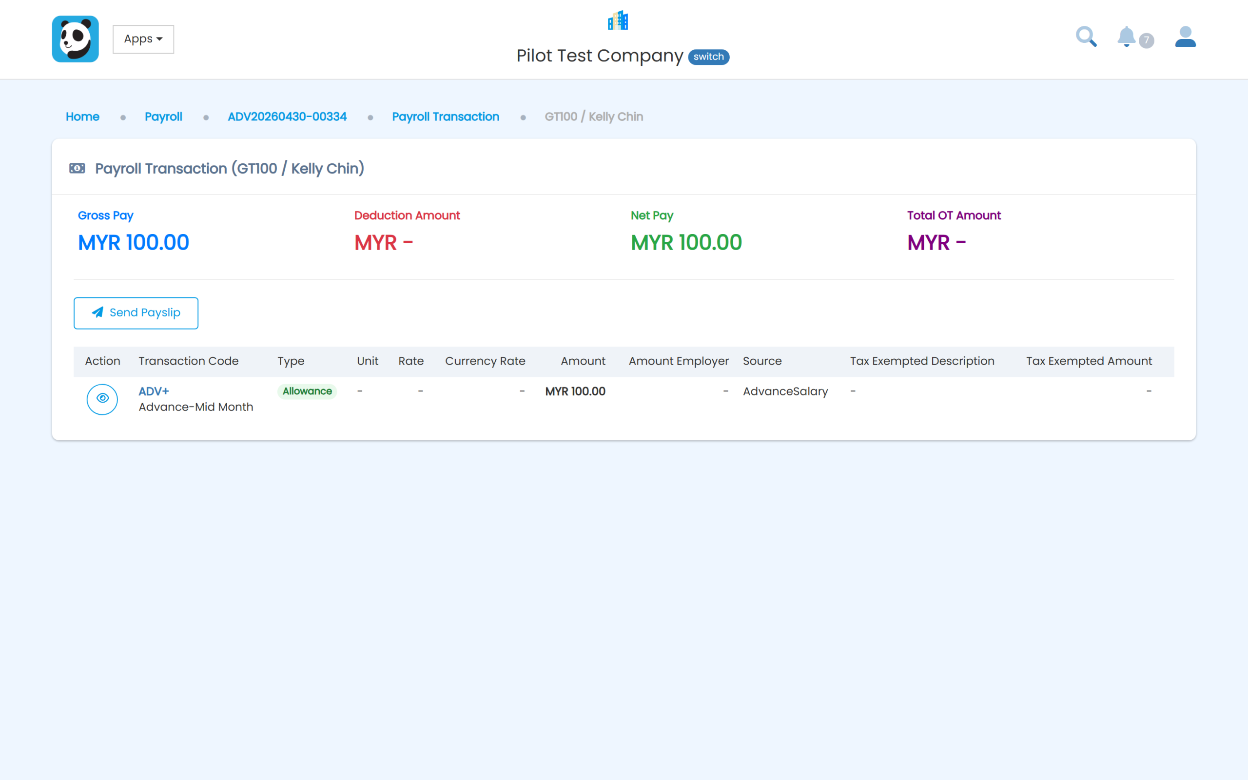 Pandahrms payroll transaction screen showing gross pay, deductions, net pay and OT amount for a single employee