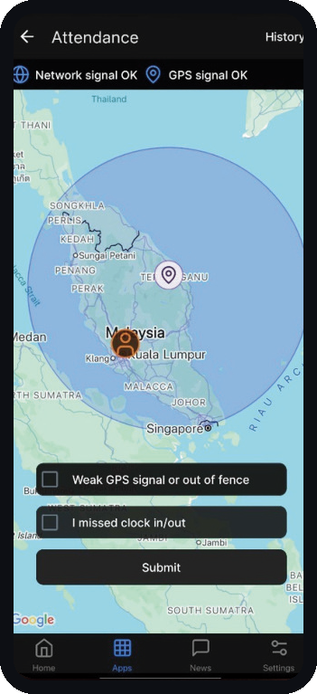 Pandahrms GPS attendance app screen showing live geofenced clock-in