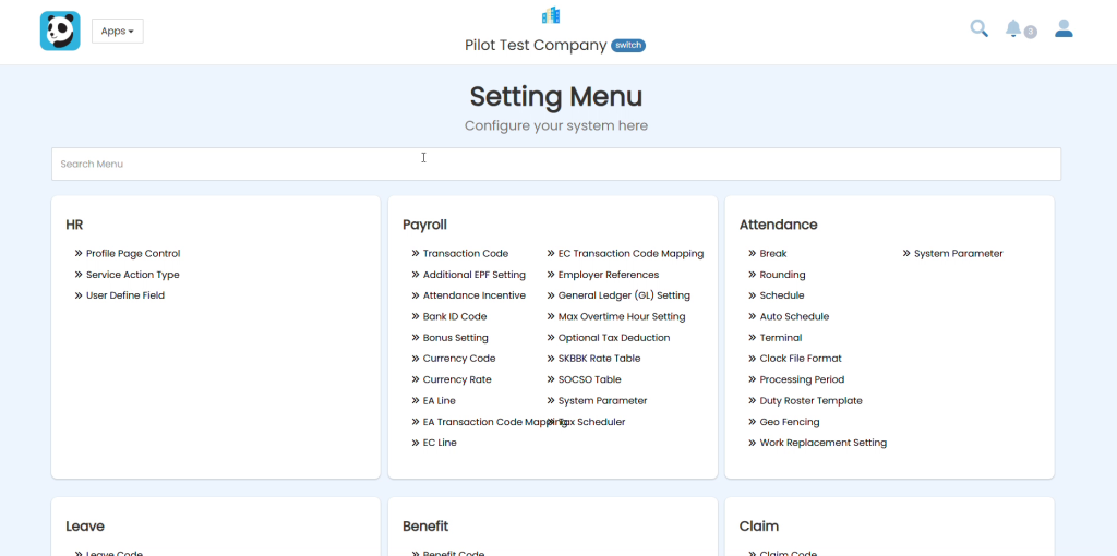 Pandahrms Setting Menu with HR, Payroll and Attendance sections