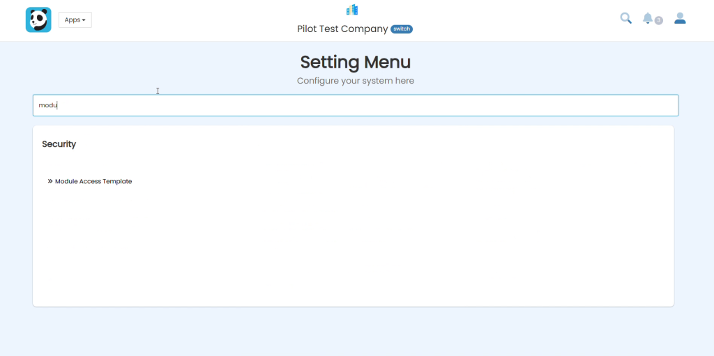 Searching for Module Access Template under the Security section
