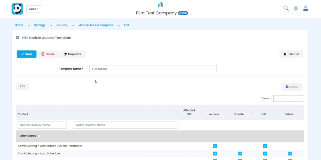 Edit Module Access Template screen