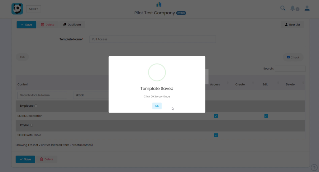 Template Saved confirmation dialog