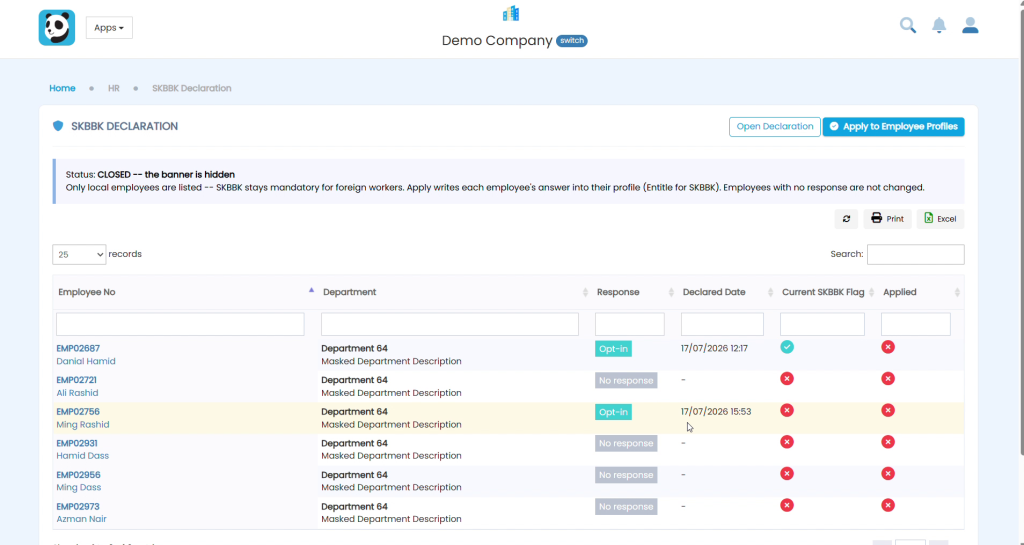 SKBBK Declaration page with status CLOSED and Open Declaration button