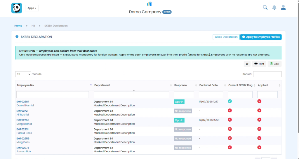 SKBBK Declaration page with status OPEN