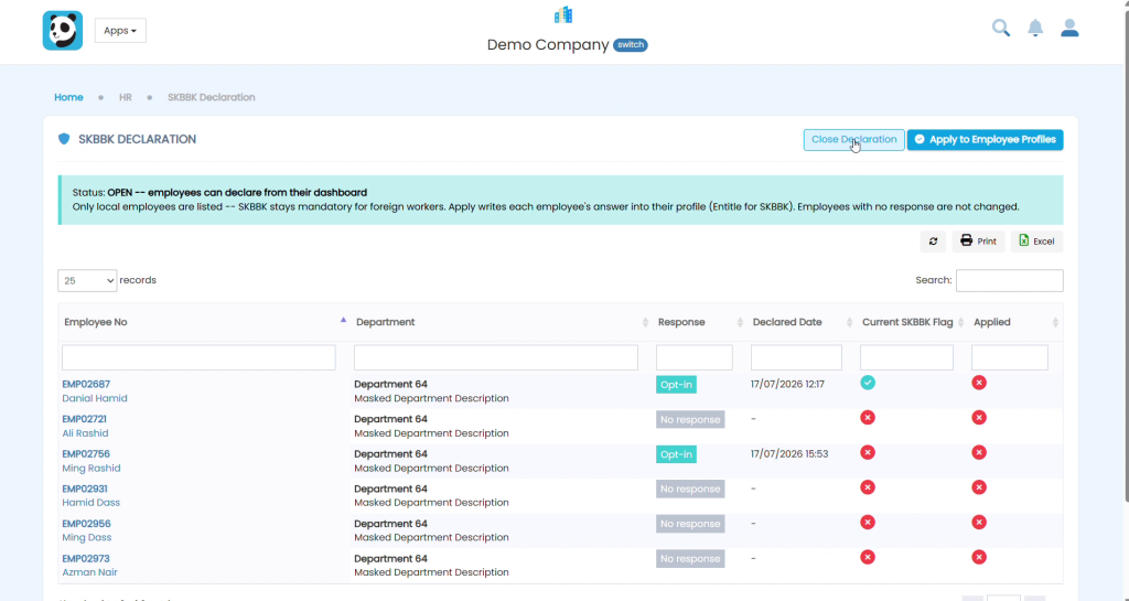 Employee response list showing Opt-in and No response statuses