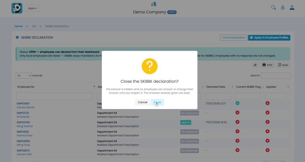 Close SKBBK declaration confirmation dialog