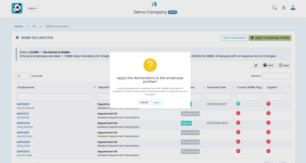 Apply the declarations to the employee profiles confirmation dialog
