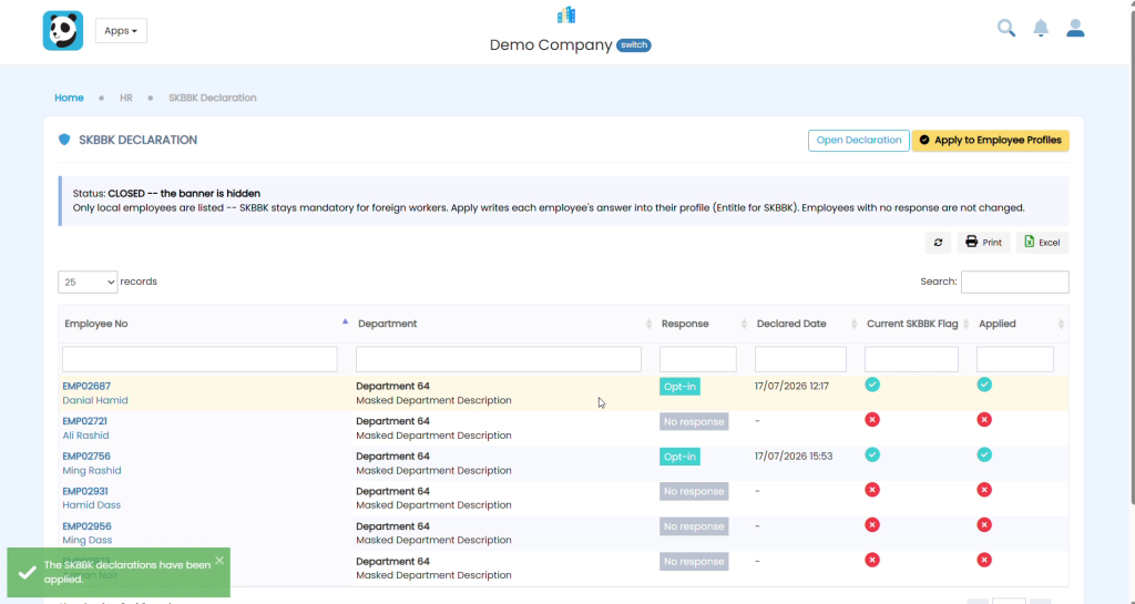 SKBBK declarations applied successfully with green ticks in the Applied column