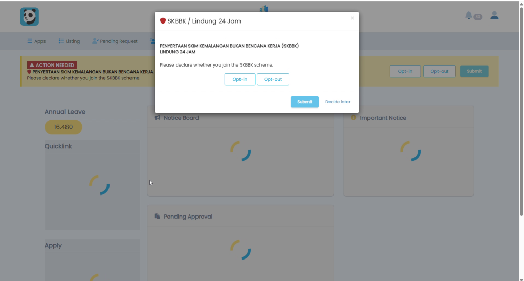 SKBBK / Lindung 24 Jam declaration popup in Pandahrms ESS