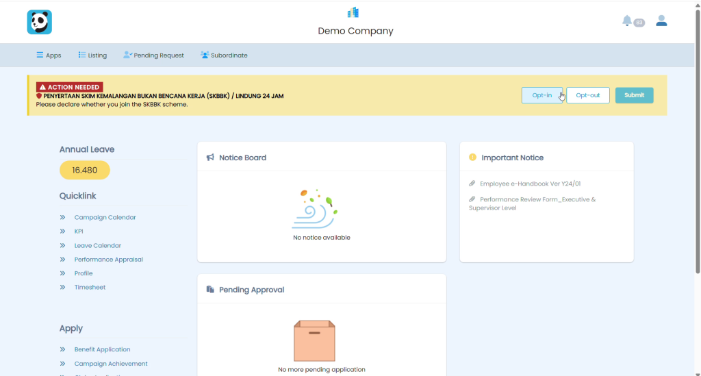 SKBBK declaration banner at the top of the ESS dashboard