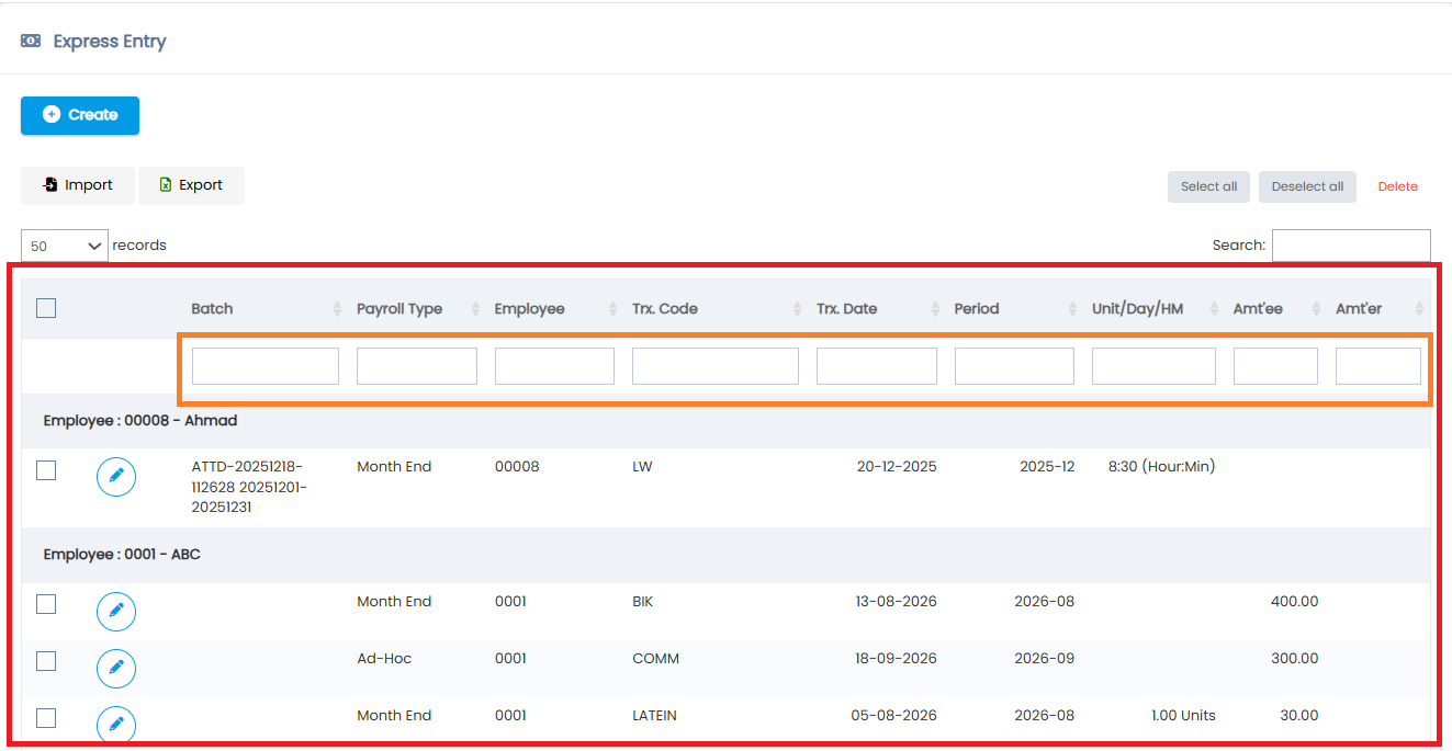 Express Entry list showing imported records after Import from Module