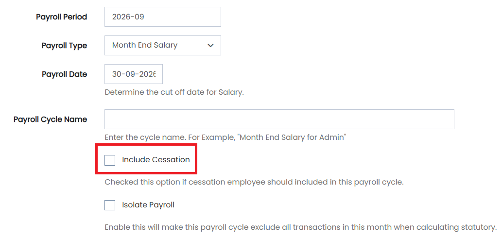 Create Payroll Cycle form with Payroll Period, Type, Date, Name, Include Cessation and Isolate Payroll fields
