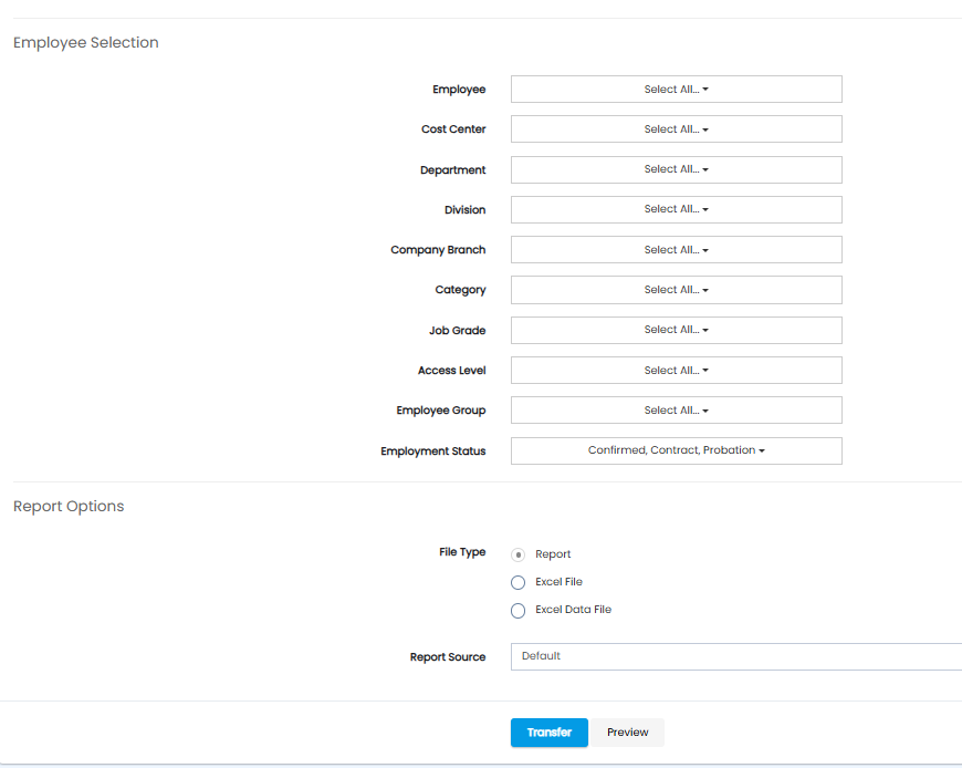 Employee Selection and Report Options for Import from Module