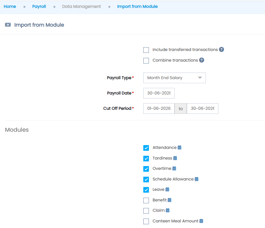 Import from Module filled example with cut off period, payroll date, and modules checked