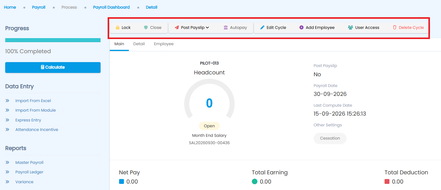 Payroll Dashboard toolbar with Lock, Close, Post Payslip, Autopay, Edit Cycle, Add Employee, User Access, Delete Cycle buttons
