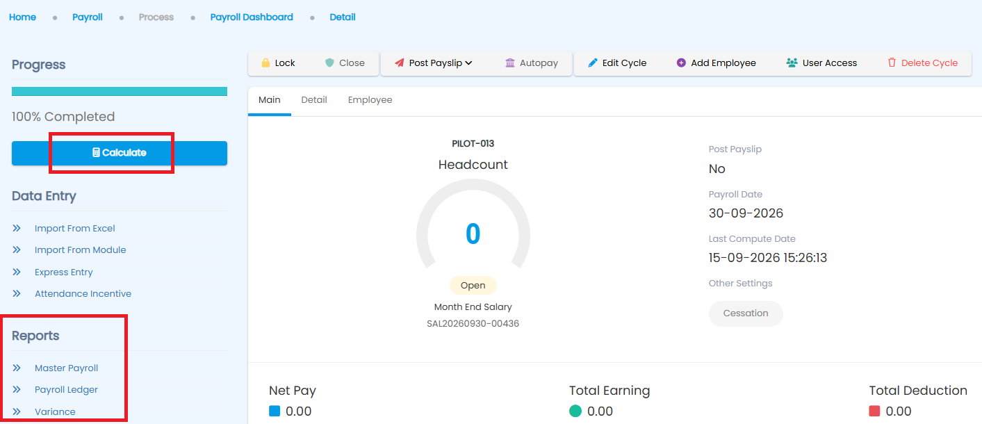 Payroll Dashboard with Calculate button and Reports section circled