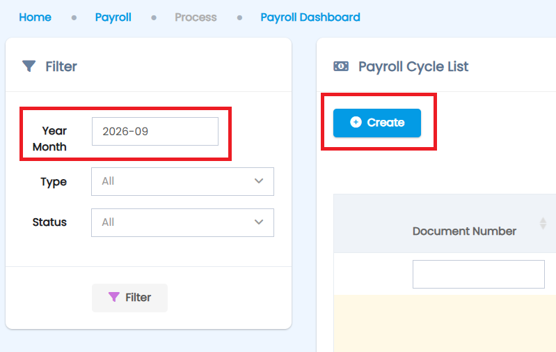 Payroll Dashboard filter with Year/Month field and Create button circled