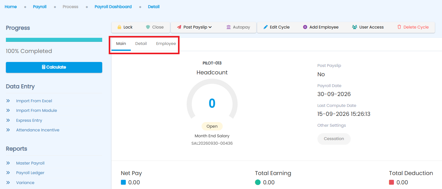 Payroll Dashboard Main, Detail, Employee tabs circled