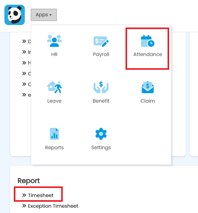 Attendance menu showing Timesheet under Report