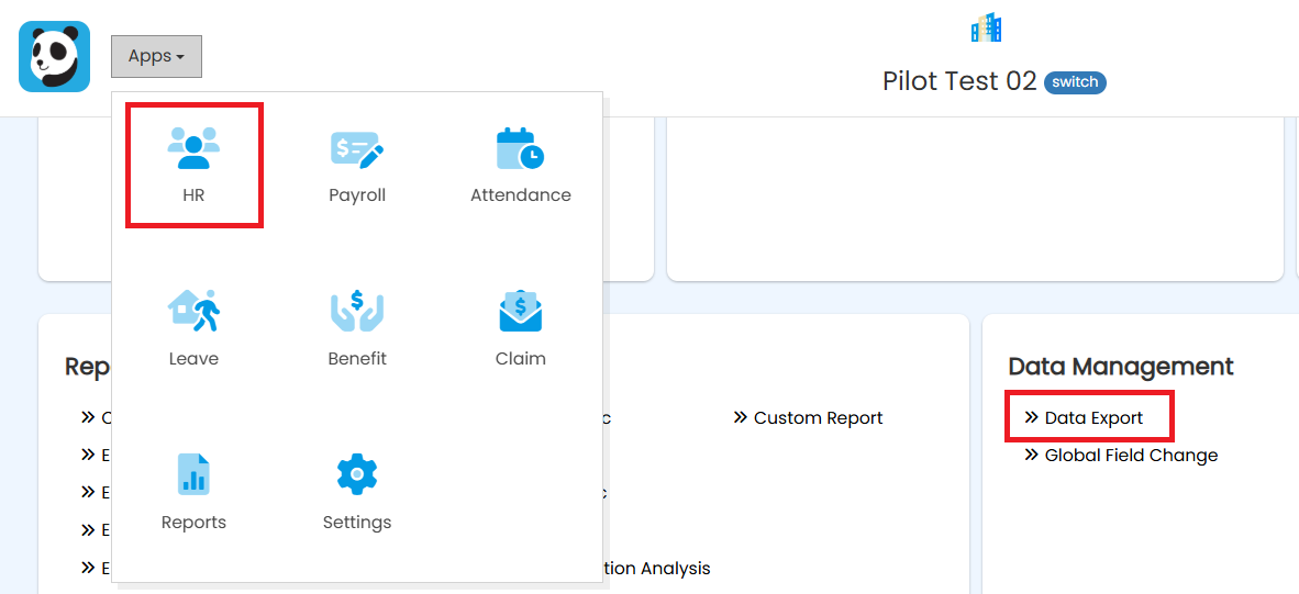 HR menu showing Data Export under Data Management