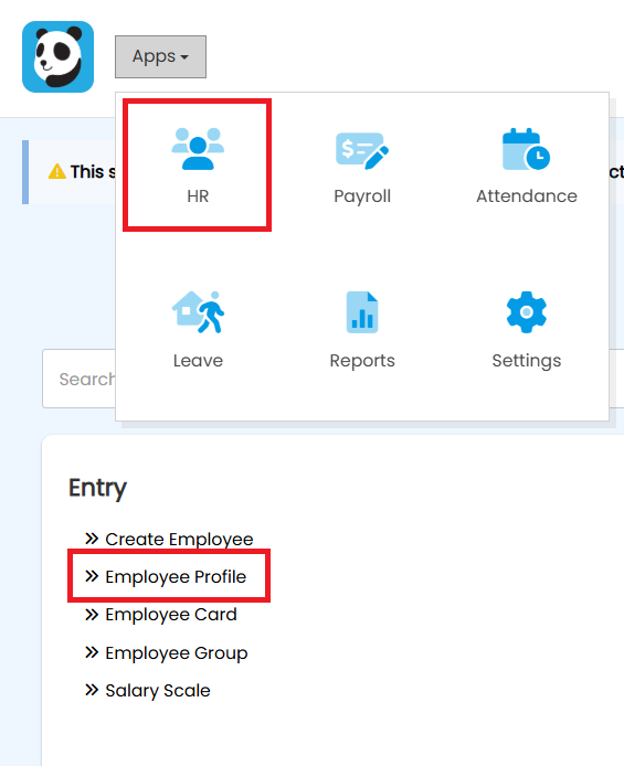 HR menu showing Employee Profile under Entry