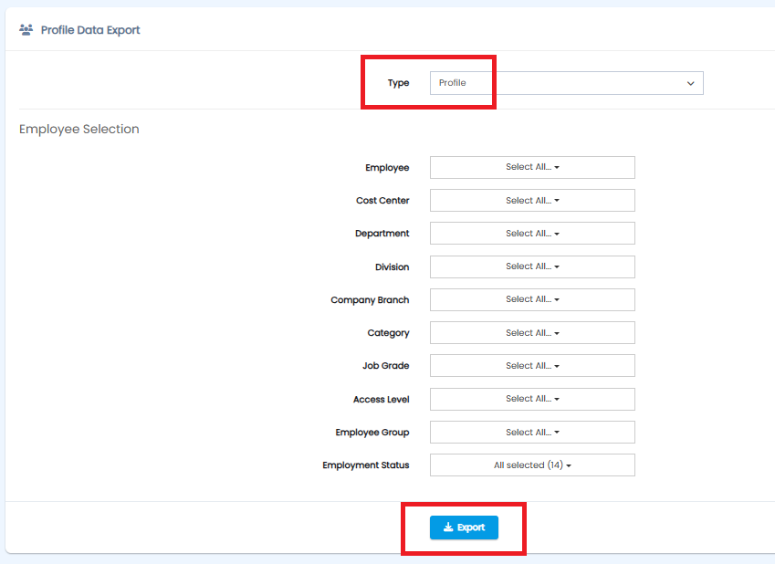 Profile Data Export form with Type set to Profile and Export button