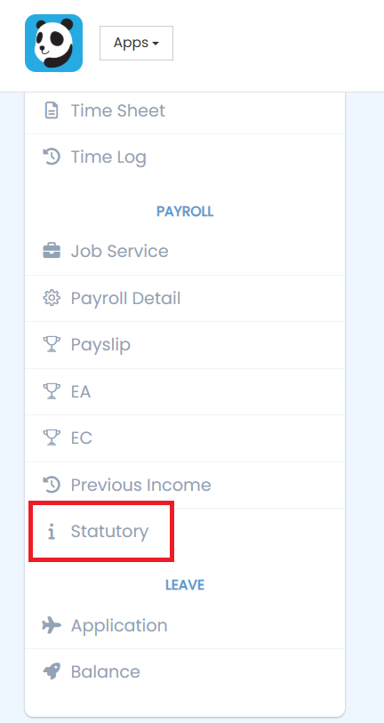 Employee profile side menu with Statutory option highlighted