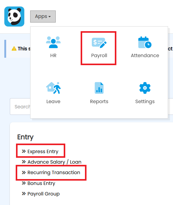 Payroll menu showing Express Entry and Recurring Transaction under Entry
