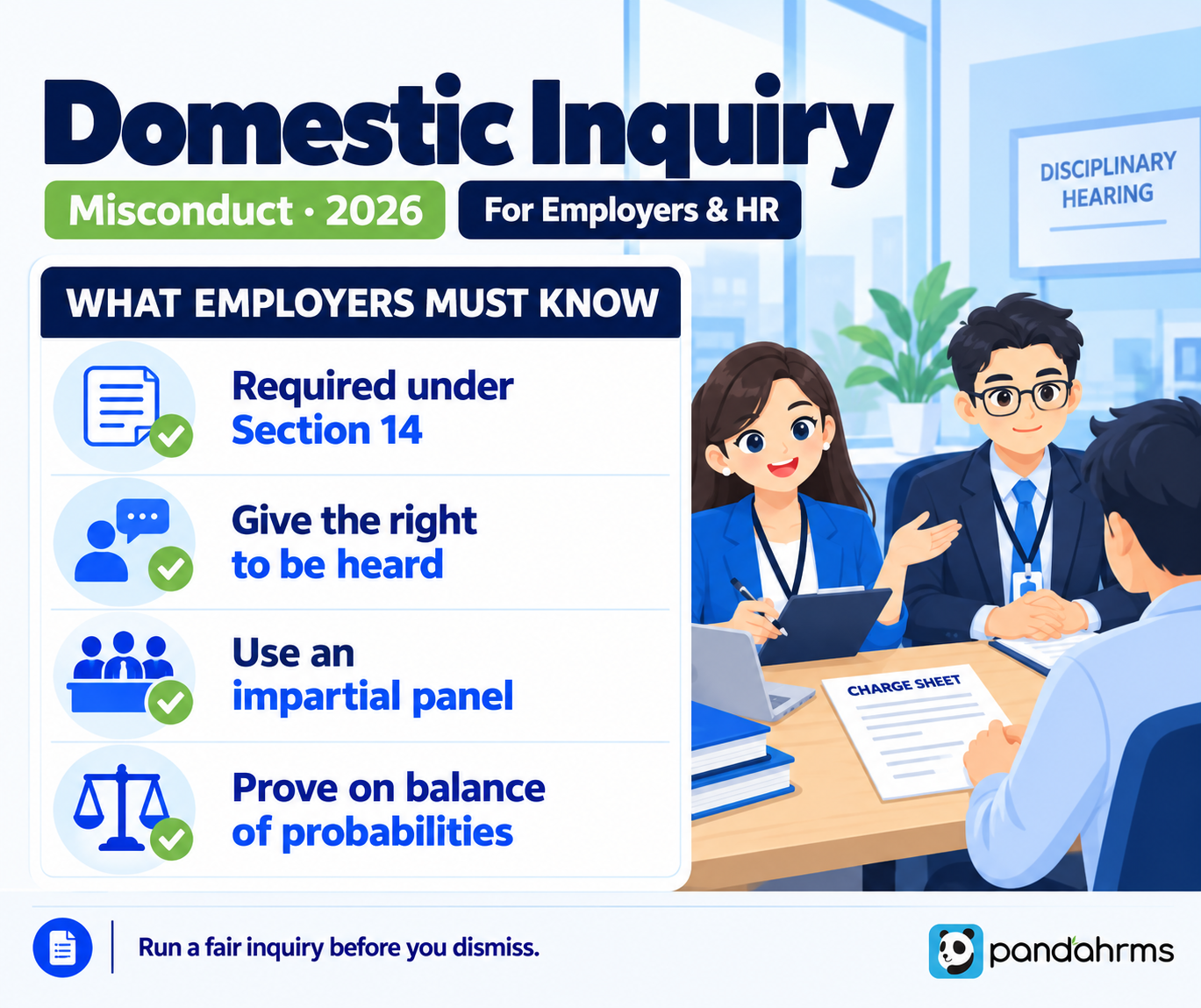 Domestic inquiry Malaysia employer guide: required under Section 14, give the right to be heard, use an impartial panel, prove on the balance of probabilities.