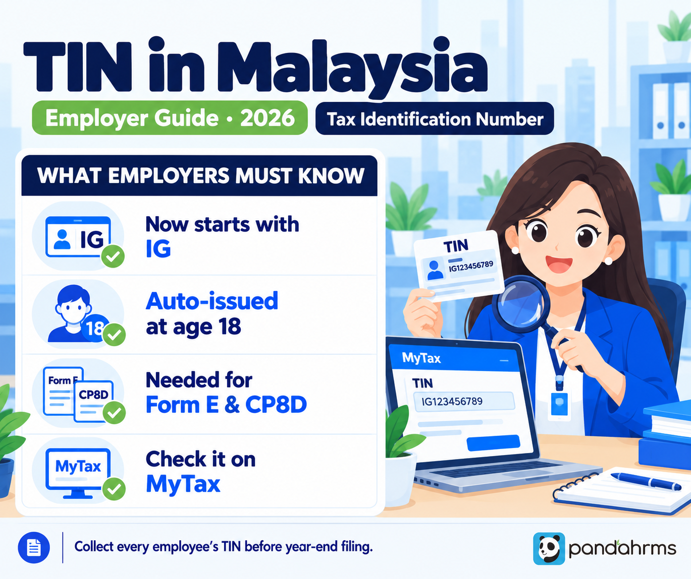 TIN in Malaysia employer guide: individual TIN now starts with IG, auto-issued at age 18, needed for Form E and CP8D, check it on MyTax.